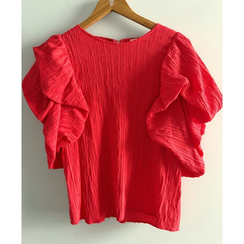 THML Women's Large Salmon Textured Ruffle Puff Sleeve Top Feminine Romantic